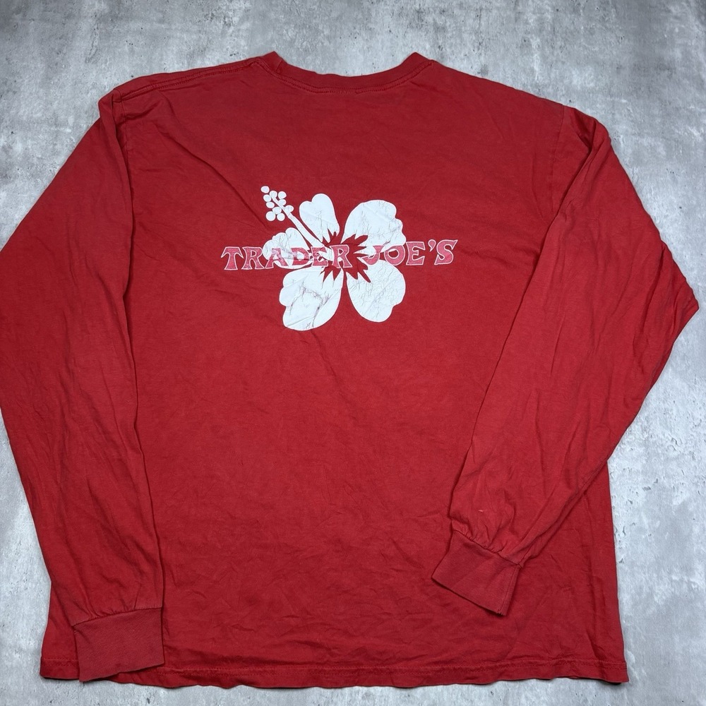 Vintage Trader Joe's T-shirt Size XL Red Long Sleeve Employee Shirt Hibiscus